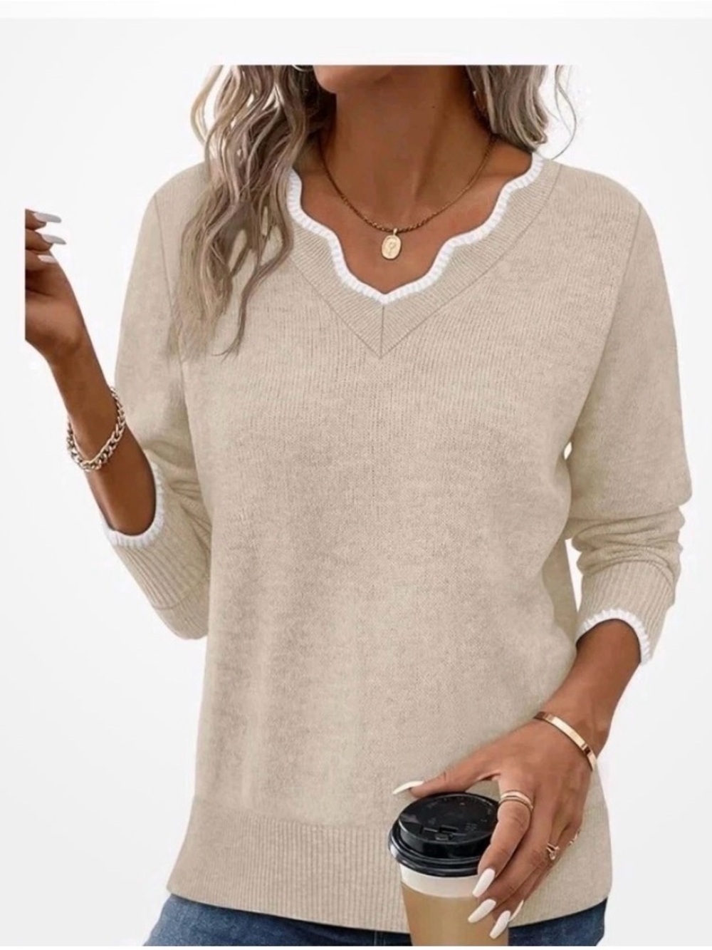 Women's Beige V-Neck Sweater with White Trim